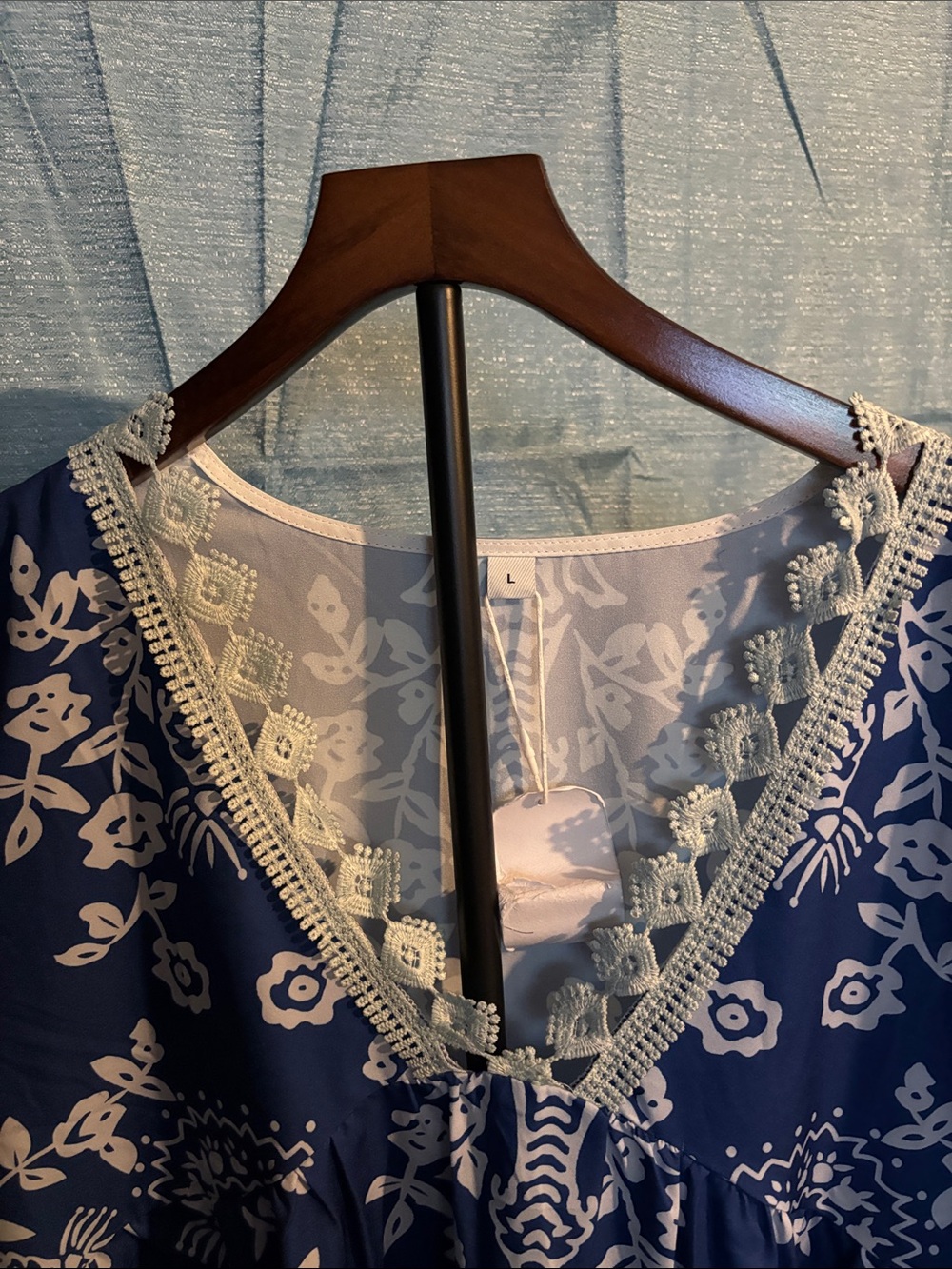 Navy Blue Floral V-Neck Dress with Lace Trim